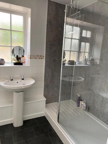a bathroom with a shower and a sink at The Cottage in Exeter