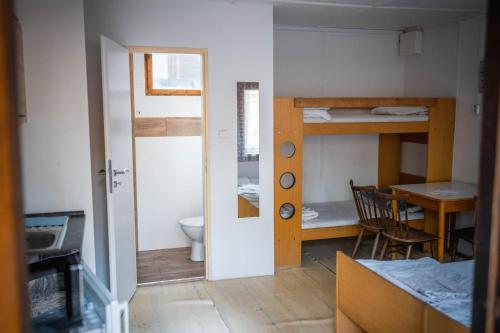 a small room with a bunk bed and a bathroom at Chatky Borný in Doksy