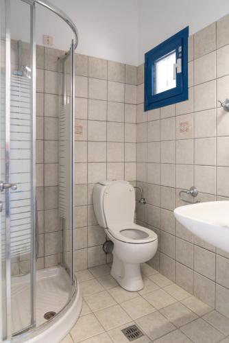 a bathroom with a toilet and a shower and a sink at Villa Rodanthi Sivota in Syvota
