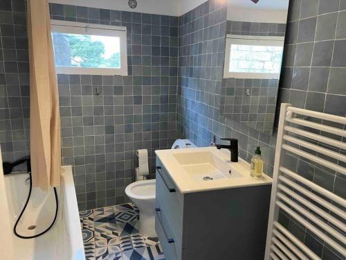 een badkamer met een wastafel en een toilet bij House in idyllic village between vineyards and sea in Saint-Pons-de-Mauchiens
