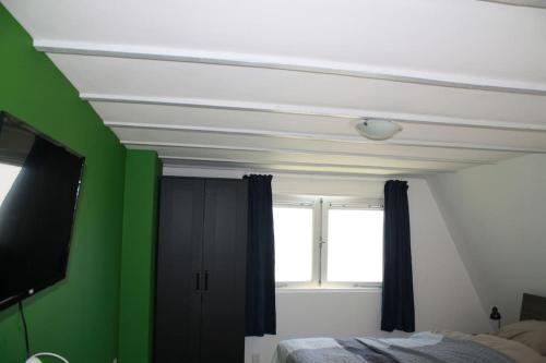 een slaapkamer met een groene muur en een raam bij De Bosrand Unieke plek grenzend aan het bos in Castricum