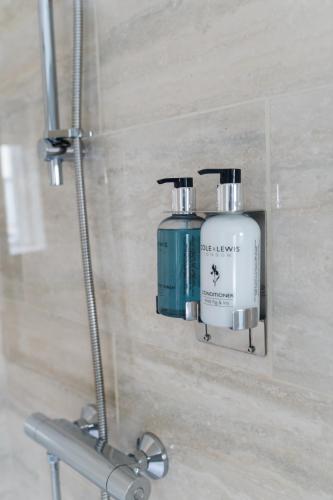 two soap dispensers on a wall in a bathroom at The Hope & Anchor Restaurant & Rooms in Ross on Wye