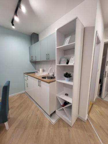 a kitchen with white cabinets and a sink at HARMONY Suites (Savska ulica) in Sajmište
