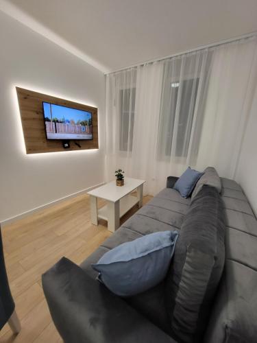 a living room with a couch and a tv on a wall at HARMONY Suites (Savska ulica) in Sajmište