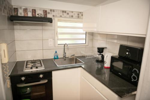 a small kitchen with a sink and a microwave at Chambres d'hôtes du domaine des doudous in Saint-Pierre
