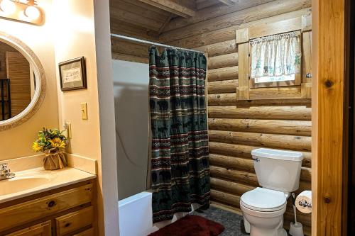 a log cabin bathroom with a toilet and a sink at Pine Cone Cabin in Gatlinburg