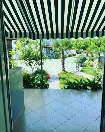 a view of a courtyard with palm trees from a patio at Yard Paradise in Dhërmi