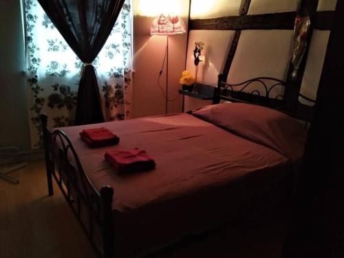 - une chambre avec un lit doté de draps rouges et une fenêtre dans l'établissement Petit Paradis, à Colmar