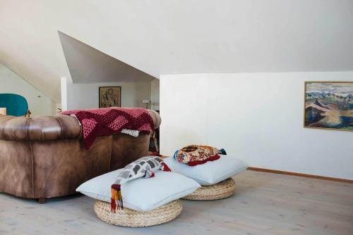 沃加爾的住宿－燈塔畔農家樂，客厅配有沙发和2个枕头