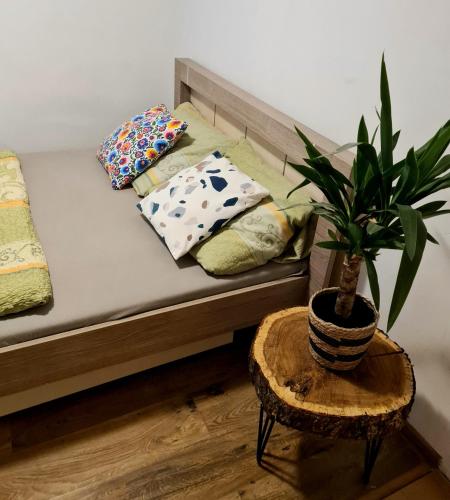 a bed with pillows and a potted plant on a table at Wczasy przy Młyńskiej 18 in Sarbinowo