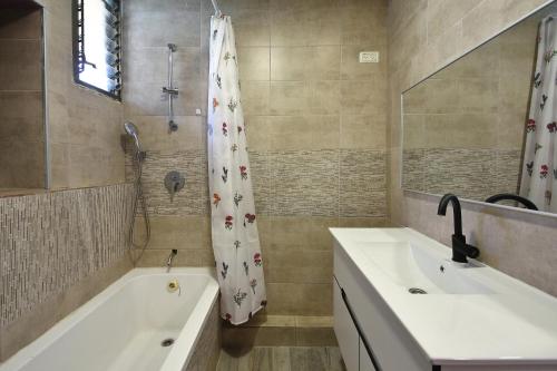 y baño con bañera, lavamanos y ducha. en Levication 2 bedrooms Pool&jacuzzi en Tiberias