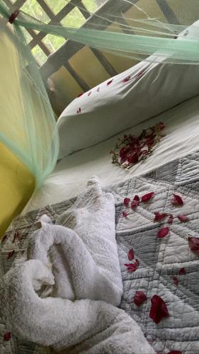 a bed with white blankets and red flowers on it at GreenPoint Drake Bay in Drake