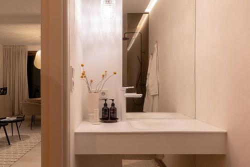 a bathroom with a sink with two bottles on it at Appartement met tuin in Haarlem centrum(Vijfhoek) in Haarlem