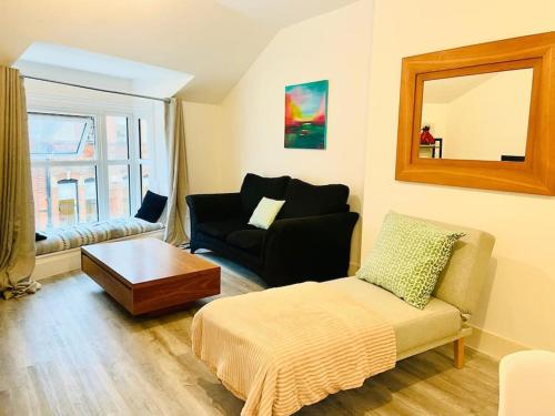 uma sala de estar com um sofá e uma cadeira em Central modern 1 Bed 1 Bath flat em Woking