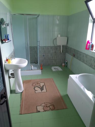 a bathroom with a sink and a toilet and a tub at Liora's Vila in Laç
