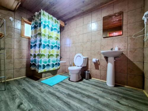 Un baño con inodoro, lavabo y ducha. en Cabañas Kompatzki, en Ancud