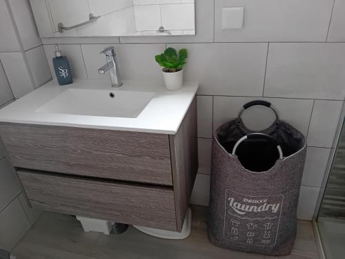 baño con lavabo y cubo de basura en Burgau Mar, en Burgau