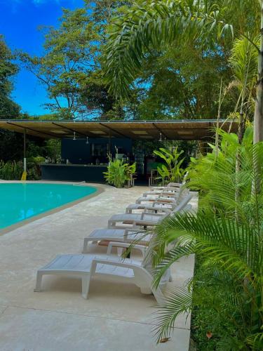 a row of lounge chairs next to a swimming pool at Grand Park Manuel Antonio - Adults Only in Manuel Antonio