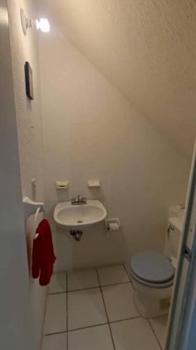 a small bathroom with a sink and a toilet at Casa cerca de ex hacienda temixco in Morelos
