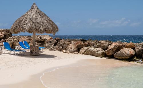 two chairs and an umbrella on a beach at Curacao Luxury Holiday Rentals in Willemstad