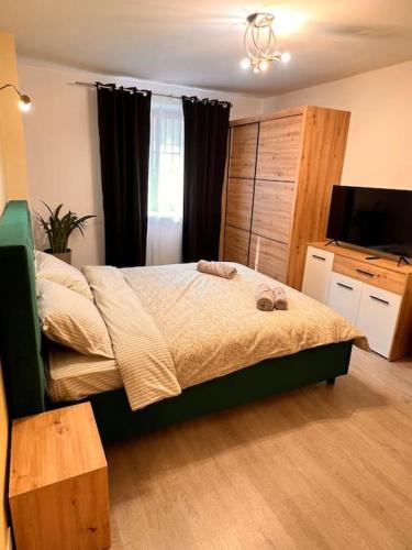 a bedroom with a bed and a dresser and a television at Apartament Andrei Muresan in Cluj-Napoca