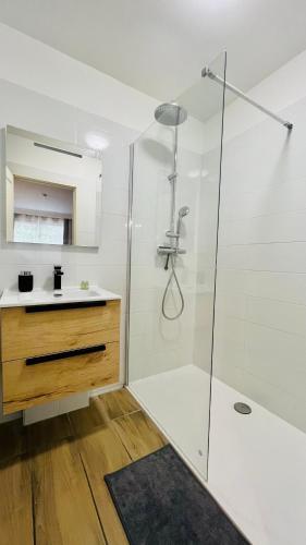 une salle de bain blanche avec une douche et un lavabo dans l'établissement LE MIRAMAR Nice - Clim, Parking, Wifi et piscine, à Nice
