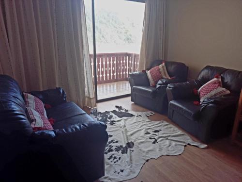 a living room with two couches and a rug at Nevados de chillan , edificio los coigues in Nevados de Chillan