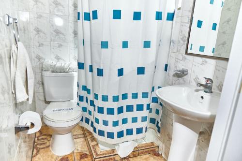 a bathroom with a toilet and a sink at Hotel Pulmahue in Copiapó