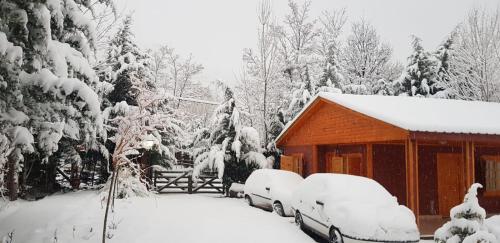a house covered in snow with two cars parked outside at Cerro Indio in Potrerillos