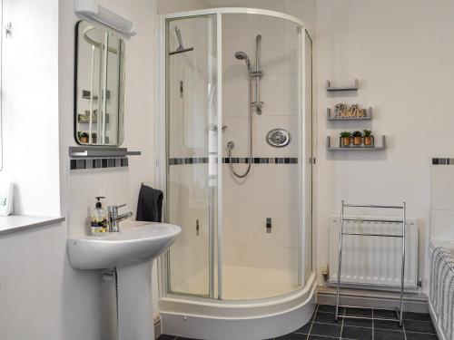 a bathroom with a shower and a sink at Constable Cottage in Brampton