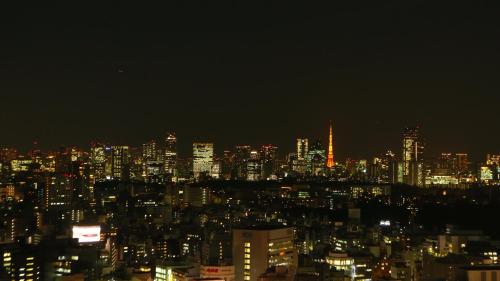 東京的住宿－格拉斯麗新宿酒店，城市天际线,夜晚有灯光的建筑