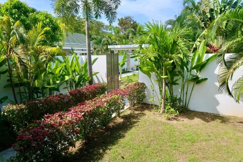 a garden with flowers and plants next to a white wall at Jasmine Village in Rawai Beach