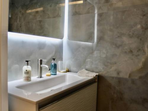 une salle de bain avec un lavabo et un miroir dans l'établissement Superbe appartement climatisé avec terrasse et jardin à Villeneuve Loubet Plage - FR-1-252A-106, à Villeneuve-Loubet