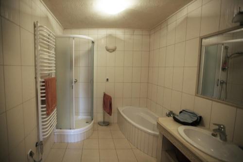 シュツァブニツァにあるApartament EPI Szczawnicaのバスルーム(シャワー、バスタブ、シンク付)
