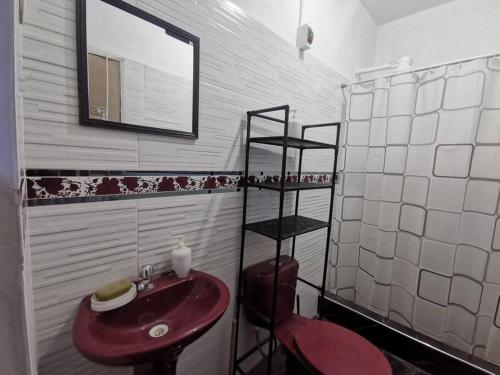 baño con lavabo rojo y espejo en Cómodo y bonito departamento, en Santa Rosa