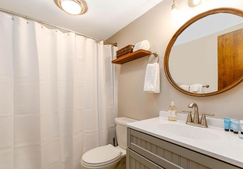 a bathroom with a toilet and a sink and a mirror at Mother's Day Special! King Beds, Pool Access, Fireplace, Great Location in Galena Territory on Lake Galena in Galena