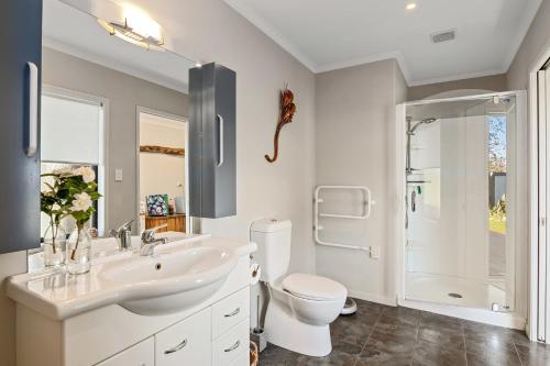 a bathroom with a sink and a toilet and a shower at Selmes Sanctuary - Blenheim Holiday Home in Blenheim