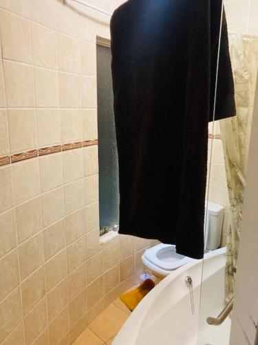 a bathroom with a toilet and a black shower curtain at Eagle Crest Executive Lodge in Edenvale