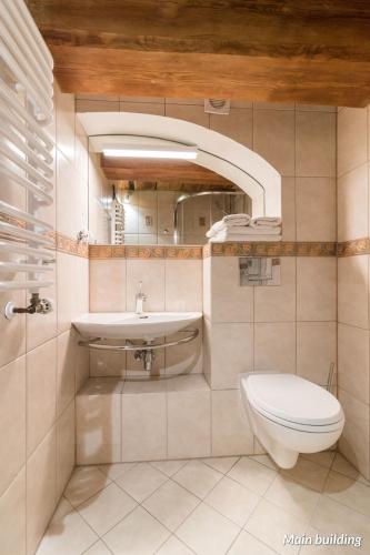 a bathroom with a toilet and a sink and a mirror at Hotel Spichrz in Toruń