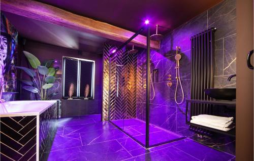 a purple bathroom with a shower and a sink at Nice Home In Roermond With Wifi And 2 Bedrooms in Roermond