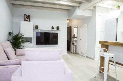 een woonkamer met een paarse bank en een tv bij Elegante y acogedor. Buena ubicación in Osuna