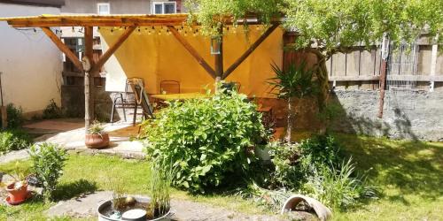 een achtertuin met een houten pergola en enkele planten bij Ferienwohnung Bänsch in Weischlitz