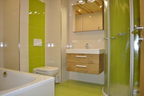 La salle de bains est pourvue de toilettes, d'un lavabo et d'une douche. dans l'établissement Urlaub am Dichtlhof, à Sankt Wolfgang im Salzkammergut