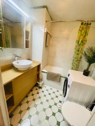 une salle de bain avec toilettes, lavabo et douche dans l'établissement Beau duplex Cabourg, à Cabourg