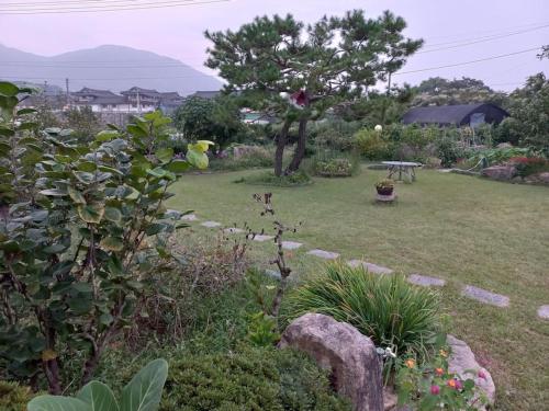 un jardin avec une table de pique-nique et un arbre dans l'établissement Breeze in May Pension, à Gyeongju