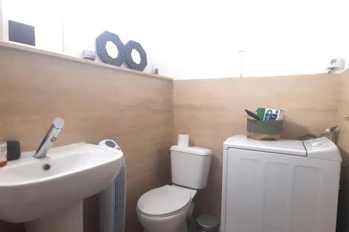 une salle de bain avec des toilettes blanches et un lavabo dans l'établissement New Le 7 Clim Central Calme Parking Volumes, à Carcassonne