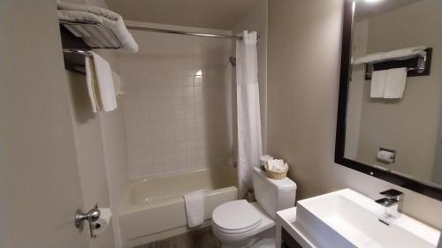uma casa de banho com um chuveiro, um WC e um lavatório. em King Edward Hotel em Banff
