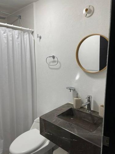 a bathroom with a sink and a toilet and a mirror at Costa Malaga 1 Banus in Acapulco