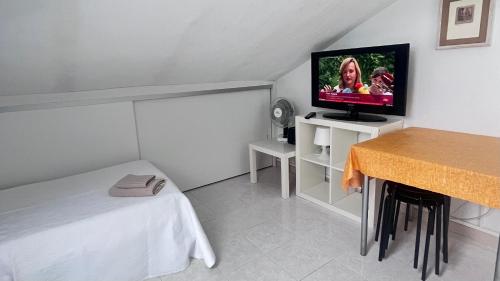 mały pokój z łóżkiem i telewizorem z płaskim ekranem w obiekcie apartamento abuhardillado w mieście Cuchia