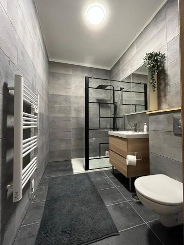 a bathroom with a toilet and a sink at La Maison des Amis en Normandie in Pontfarcy